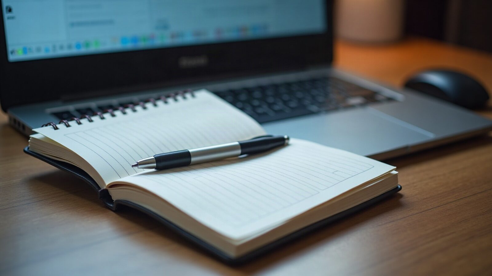 Carnet de notes ouvert sur un clavier d'ordinateur, écran flou en arrière-plan