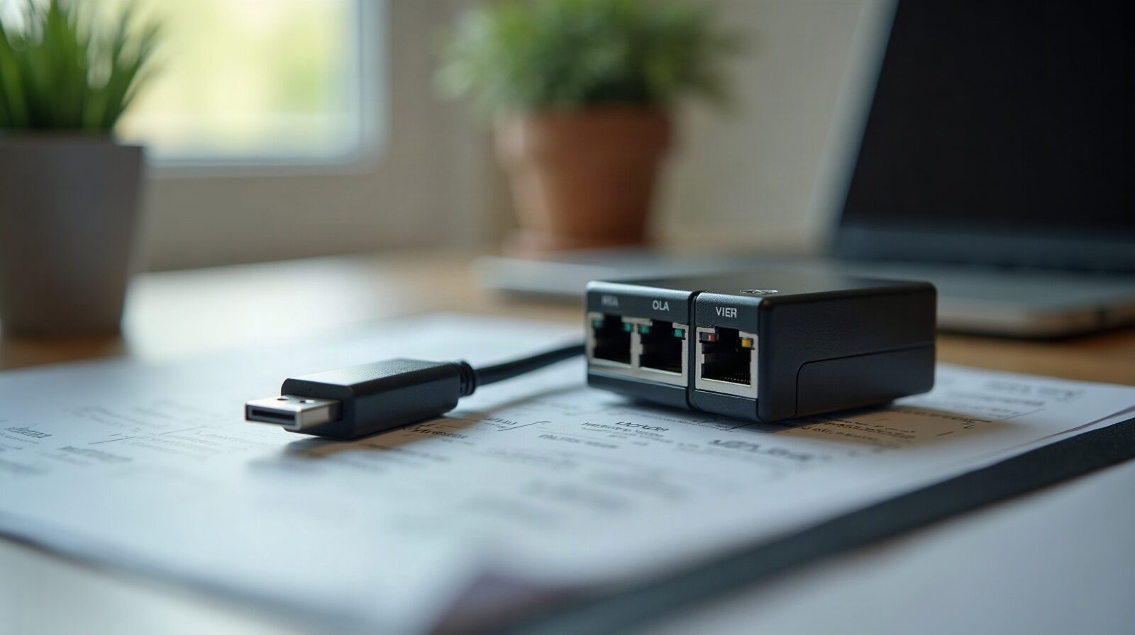 Câble réseau et clé USB posés sur un bureau métallique en lumière naturelle