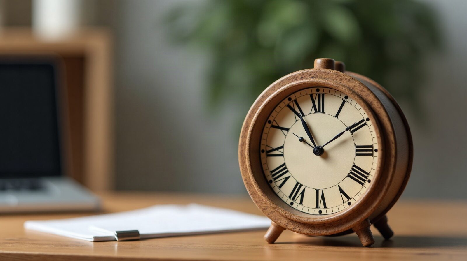 Horloge de bureau analogique posée sur un bureau en bois