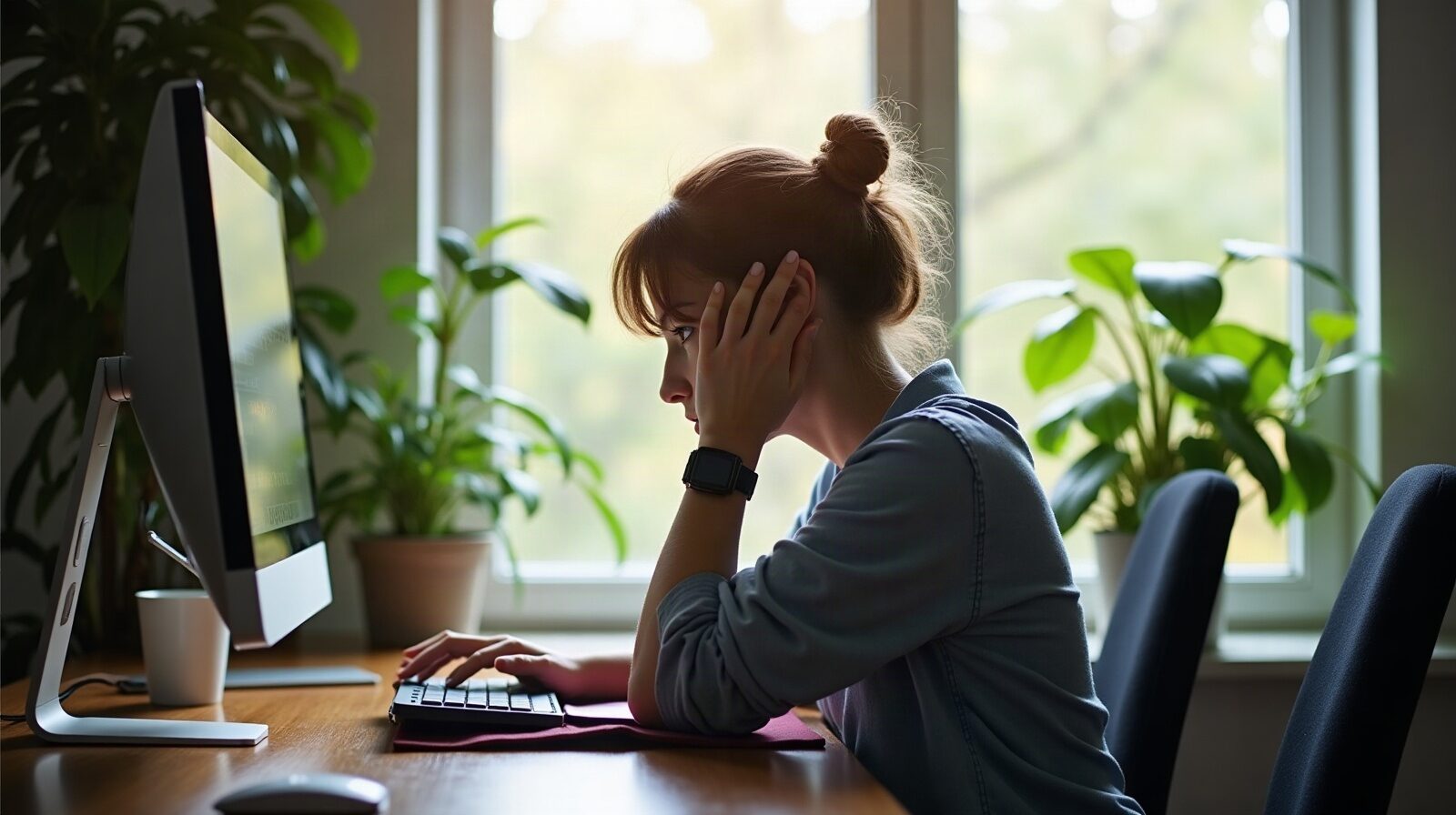 Personne vue de dos devant un écran d'ordinateur dans un bureau lumineux