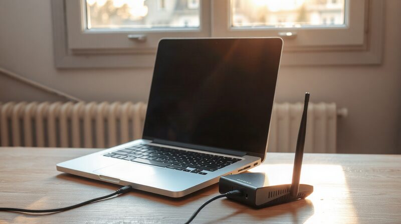 Poste de travail avec ordinateur portable relié à un routeur par un câble réseau
