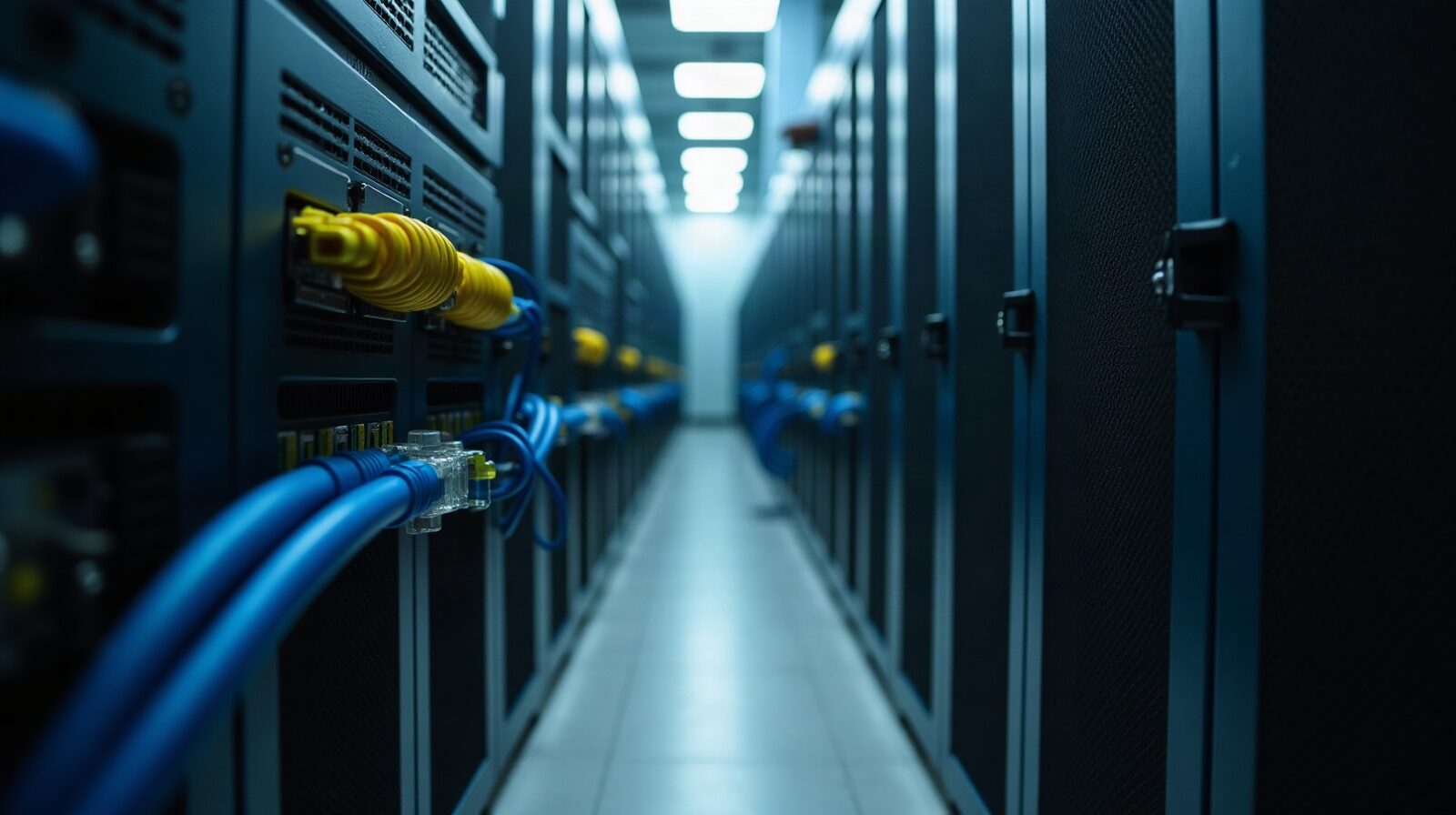 Deux serveurs montés côte à côte dans une baie, reliés par des câbles ethernet bleus et jaunes
