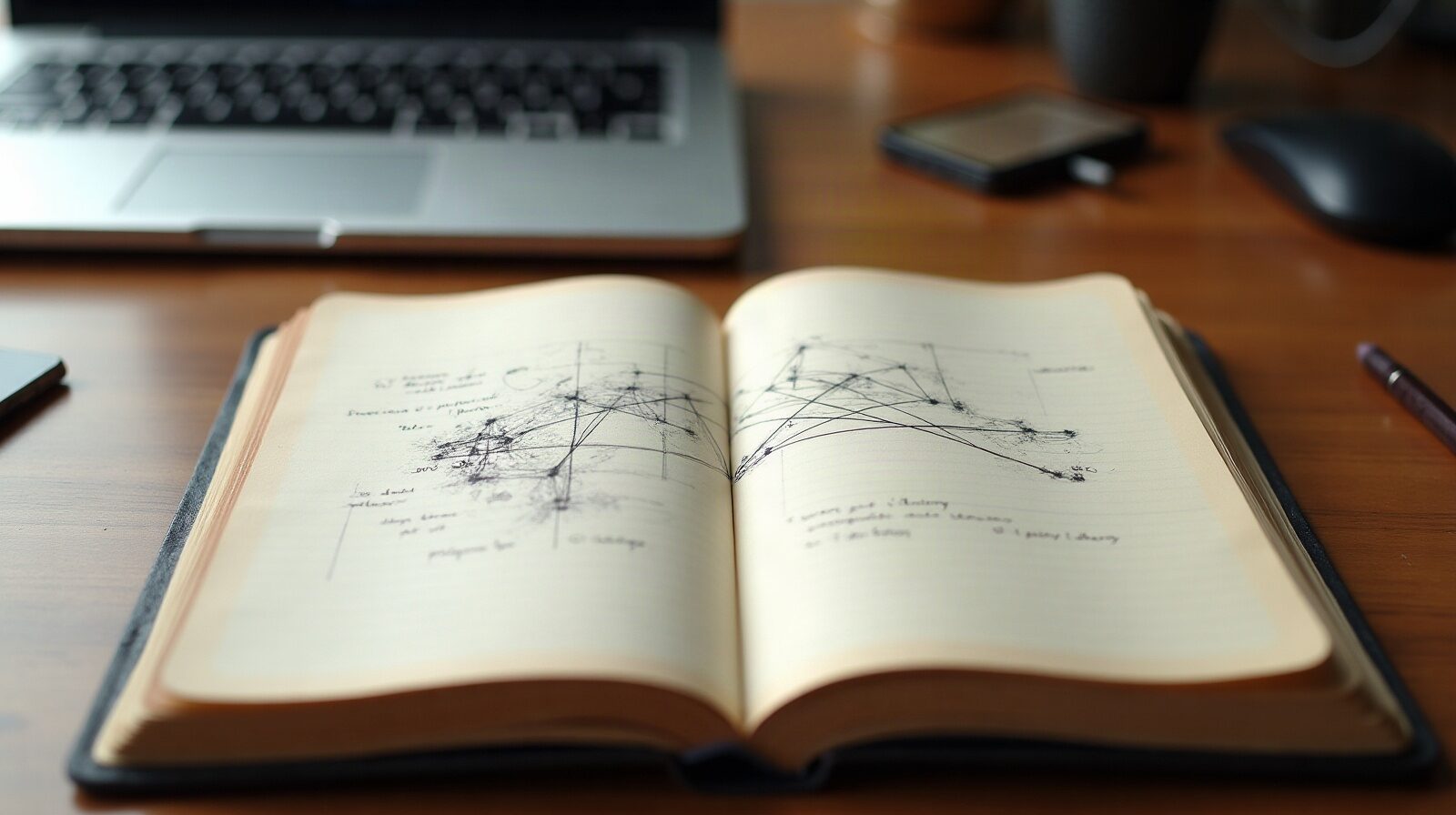 Carnet ouvert sur un bureau, avec un schéma de réseau dessiné au crayon et un clavier flou en arrière-plan
